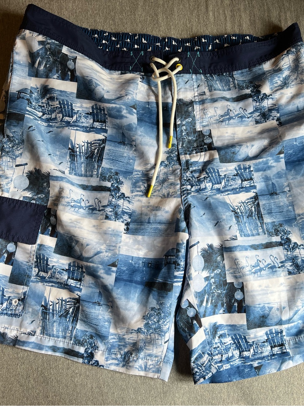 Tommy Bahama Blue and White Scenic Print Swim Board Shorts